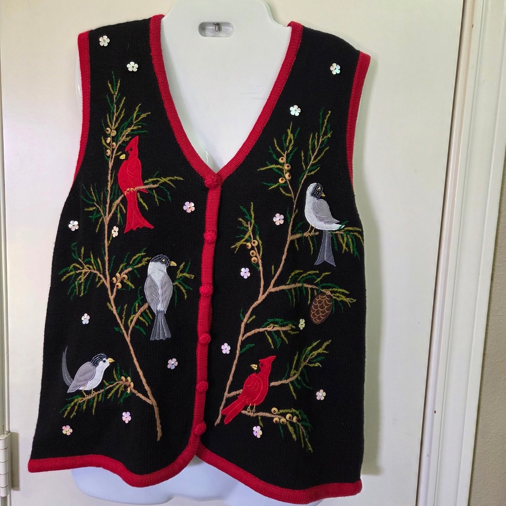 Designers Originals Vintage Bird Embroidered Knit Sweater Vest Black Red Large